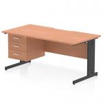 This dynamic pedestal desk features a beech top with a scalloped edge, supported by a black cable managed leg. It measures 1600 x 800mm and has a fixed pedestal with 3 drawers. Its a sleek and functional workstation for any office space.