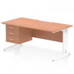 This photo shows a striking Dynamic Pedestal Desk Impulse with a beech top and white cable managed leg. It features a scalloped edge, straight design and includes a 3 drawer fixed pedestal. The dimensions are 1600 x 800mm.