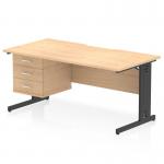 This photograph features a dynamic pedestal desk with a maple top and scalloped edge, complemented by black cable managed legs. The workstation includes a 3-drawer fixed pedestal for added storage.