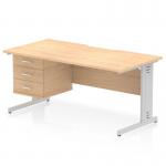 A sturdy office desk, measuring 1600 x 800mm, with a scalloped edge and a maple top. The silver cable managed leg adds a modern touch. Comes with a 3 drawer fixed pedestal for storage. Perfect for any workspace.