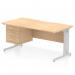 A sturdy office desk, measuring 1600 x 800mm, with a scalloped edge and a maple top. The silver cable managed leg adds a modern touch. Comes with a 3 drawer fixed pedestal for storage. Perfect for any workspace.