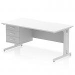 This desk has a sleek white top with a scalloped edge, perfect for modern office spaces. It features a silver cable managed leg for organization and includes a fixed pedestal with 3 drawers for storage. The desk measures 1600 x 800mm and has a dynamic, versatile design.