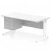 The dynamic pedestal desk features a scalloped edge straight white top with a white cable managed leg. It includes a 3 drawer fixed pedestal for storage. The desk measures 1600 x 800mm and is ideal for any office workstation.