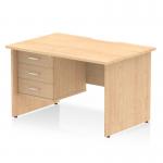 This picture shows a dynamic pedestal desk. It is 1200 x 800mm, with a scalloped edge design. The straight office desk has a maple top panel and end leg, creating a sturdy workstation. A 3-drawer fixed pedestal is included for added storage and organization.