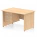 This picture shows a dynamic pedestal desk. It is 1200 x 800mm, with a scalloped edge design. The straight office desk has a maple top panel and end leg, creating a sturdy workstation. A 3-drawer fixed pedestal is included for added storage and organization.