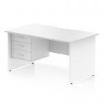 This picture shows a sleek and modern white office desk with a scalloped edge and straight design. It features a spacious 1400 x 800mm work surface and a fixed 3 drawer pedestal for storage. The desk is supported by sturdy end legs and has a dynamic pedestal design.