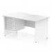 This picture shows a sleek and modern white office desk with a scalloped edge and straight design. It features a spacious 1400 x 800mm work surface and a fixed 3 drawer pedestal for storage. The desk is supported by sturdy end legs and has a dynamic pedestal design.