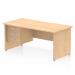 The Dynamic Pedestal Desk Impulse features a maple top panel and scalloped edge design. It measures 1600 x 800mm and has a straight office desk shape. The desk is supported by a panel end leg and includes a fixed 3-drawer pedestal for storage.
