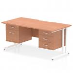 The picture shows a dynamic pedestal desk, specifically the Impulse 1600 x 800mm model, with a scalloped edge and straight design. The top is made of beech, while the cantilever leg is white. There are 2 drawers and 3 fixed drawers in this workstation.