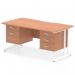 The picture shows a dynamic pedestal desk, specifically the Impulse 1600 x 800mm model, with a scalloped edge and straight design. The top is made of beech, while the cantilever leg is white. There are 2 drawers and 3 fixed drawers in this workstation.