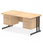 The dynamic pedestal desk has a sleek and modern design, with a 1600 x 800mm maple top and black cantilever legs. The scalloped edge adds a touch of sophistication while the straight design offers maximum workspace. It comes equipped with a 2 drawer and 3 drawer fixed pedestal for ample storage space.