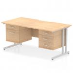 This photo showcases a stylish dynamic pedestal desk with a maple top and silver cantilever legs. The scalloped edge and straight design add a modern touch while the 2 drawer and 3 drawer fixed pedestal provide ample storage space.