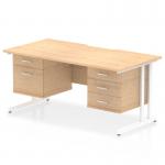 In the photo, a sleek and modern Dynamic Pedestal Desk Impulse is showcased. It features a scalloped edge straight office desk made of maple wood, with a white cantilever leg workstation. There is a 2 drawer and 3 drawer fixed pedestal attached for storage. The overall look is clean and professional.