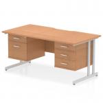 The dynamic pedestal desk features a scalloped edge and straight design, with an oak top and silver cantilever leg. It includes a 2 drawer and 3 drawer fixed pedestal for ample storage. The Impulse 1600 x 800mm workstation is perfect for any office space.
