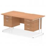 The photo shows a sleek, modern Dynamic Pedestal Desk with a scalloped edge and an oak top. It has a white cantilever leg and comes with a 1 x 2 drawer and 1 x 3 drawer fixed pedestal. This workstation offers ample storage and a spacious work surface.