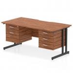 This photograph shows a sleek, modern Dynamic Pedestal Desk with a scalloped edge, in a rich walnut finish. It is supported by black cantilever legs and comes with a 2 drawer and 3 drawer fixed pedestal for added storage. The desk measures 1600 x 800mm and offers a spacious work surface for an efficient and stylish office setup.