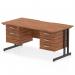This photograph shows a sleek, modern Dynamic Pedestal Desk with a scalloped edge, in a rich walnut finish. It is supported by black cantilever legs and comes with a 2 drawer and 3 drawer fixed pedestal for added storage. The desk measures 1600 x 800mm and offers a spacious work surface for an efficient and stylish office setup.