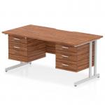 This picture shows a sleek and modern Dynamic Pedestal Desk Impulse with a scalloped edge, straight design. The walnut top contrasts beautifully with the silver cantilever legs. It features 1 fixed 2-drawer pedestal and 1 fixed 3-drawer pedestal. A perfect addition to any office or workspace.