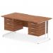 The Dynamic Pedestal Desk Impulse features a walnut top with scalloped edges and a white cantilever leg. It measures 1600 x 800mm, making it the perfect workstation for any office space. The desk includes 1 x 2 drawer and 1 x 3 drawer fixed pedestals, providing ample storage for all your office needs.
