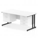 A sleek and modern office desk with a scalloped edge and black cantilever legs. The desk has a white top and comes with a 2 drawer and 3 drawer fixed pedestal for storage. Perfect for any work environment.