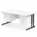 A sleek and modern office desk with a scalloped edge and black cantilever legs. The desk has a white top and comes with a 2 drawer and 3 drawer fixed pedestal for storage. Perfect for any work environment.