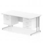 This sleek and modern Dynamic Pedestal Desk offers stylish functionality for any office space. With a scalloped edge white top and silver cantilever legs, it adds a touch of sophistication. The 1600 x 800mm size provides ample workspace, and the included 1 x 2 drawer and 1 x 3 drawer fixed pedestal offer convenient storage options.