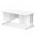 This sleek and modern Dynamic Pedestal Desk offers stylish functionality for any office space. With a scalloped edge white top and silver cantilever legs, it adds a touch of sophistication. The 1600 x 800mm size provides ample workspace, and the included 1 x 2 drawer and 1 x 3 drawer fixed pedestal offer convenient storage options.