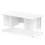 This picture features a sleek and modern dynamic pedestal desk, measuring 1600 x 800mm with a scalloped edge straight design. The desk has a white top and white cantilever legs, creating a clean and professional workspace. It also includes a 2 drawer and 3 drawer fixed pedestal for storage.