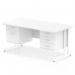 This picture features a sleek and modern dynamic pedestal desk, measuring 1600 x 800mm with a scalloped edge straight design. The desk has a white top and white cantilever legs, creating a clean and professional workspace. It also includes a 2 drawer and 3 drawer fixed pedestal for storage.
