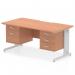 This photo shows a 1600 x 800mm scalloped edge straight office desk with a beech top and silver cable managed leg workstation. It has 1 fixed pedestal with 2 drawers and 1 fixed pedestal with 3 drawers. The dynamic design of this desk adds a touch of modernity to any workspace.
