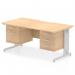 This desk features a scalloped edge and a silver cable managed leg. It has a maple top and includes a fixed pedestal with 2 drawers and a 3 drawer option. The desk is 1600 x 800mm and is ideal for a dynamic work environment.
