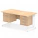 This photo shows a sleek and modern Dynamic Pedestal Desk Impulse, measuring 1600 x 800mm. It has a scalloped edge and a straight, maple top. The workstation features a white cable managed leg and comes with a 1 x 2 drawer and 1 x 3 drawer fixed pedestal.