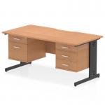 The photograph shows a sleek and modern dynamic pedestal desk with an oak top and black cable managed leg. The desk measures 1600 x 800mm and has a scalloped edge. It also comes with a 2 drawer and 3 drawer fixed pedestal, providing ample storage space. This workstation is perfect for any office setting.