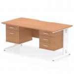 This desk features a sleek oak top with a scalloped edge for added style. The white cable managed leg provides a clean and organized appearance. The workstation has 1x2 drawer and 1x3 drawer fixed pedestal for ample storage space.