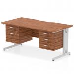 This photograph captures a sleek and functional office desk, measuring 1600 x 800mm. The scalloped edge adds a touch of elegance, while the silver cable managed leg and fixed pedestal provide practicality. Two drawers and a three drawer pedestal offer ample storage space. The walnut top adds a warm, modern touch to the overall design.