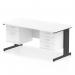 This sleek and modern desk features a scalloped edge and black cable managed leg for a clean and organized look. Its 1600 x 800mm size provides ample space for working, while the 2 drawer and 3 drawer fixed pedestal offer convenient storage options. The white top adds a touch of brightness to any office space.