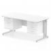 The Dynamic Pedestal Desk Impulse 1600 x 800mm features a scalloped edge and a straight design. It has a white top and silver cable managed legs, making for a sleek and modern workstation. The desk also comes with one 2-drawer and one 3-drawer fixed pedestal for ample storage space.