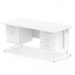 This photograph features a sleek, white workstation with scalloped edges and a cable managed leg. The 1600 x 800mm desk has a 2 drawer and 3 drawer fixed pedestal for added storage. Perfect for any modern office space.