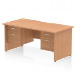 This photo shows a sleek and modern Dynamic Pedestal Desk, measuring 1600 x 800mm. The desk features a scalloped edge and straight design, with an oak top panel and panel end legs. There is a fixed pedestal with 2 drawers and a second pedestal with 3 drawers, providing ample storage space.