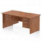 The photograph shows a sleek dynamic pedestal desk, measuring 1600 x 800mm, with a scalloped edge and a walnut top panel. It has straight legs and serves as a versatile workstation. The desk comes with one 2 drawer and one 3 drawer fixed pedestal for storage.