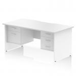 A sleek, modern Dynamic Pedestal Desk with a white top panel and scalloped edge. The desk measures 1600mm by 800mm and features 1 fixed pedestal with 2 drawers and 1 fixed pedestal with 3 drawers. The end legs provide sturdy support for a functional and professional workstation.
