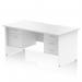 A sleek, modern Dynamic Pedestal Desk with a white top panel and scalloped edge. The desk measures 1600mm by 800mm and features 1 fixed pedestal with 2 drawers and 1 fixed pedestal with 3 drawers. The end legs provide sturdy support for a functional and professional workstation.
