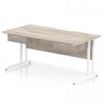 Impulse 1600 x 800mm Scalloped Edge Straight Office Desk Grey Oak Top White Cantilever Leg Workstation 2 x 1 Drawer Fixed Pedestal I006406