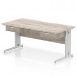 Impulse 1600 x 800mm Scalloped Edge Straight Office Desk Grey Oak Top Silver Cable Managed Leg Workstation 2 x 1 Drawer Fixed Pedestal I006423