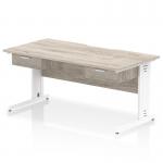 Impulse 1600 x 800mm Scalloped Edge Straight Office Desk Grey Oak Top White Cable Managed Leg Workstation 2 x 1 Drawer Fixed Pedestal I006424