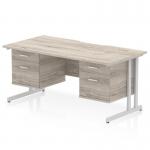 Impulse 1600 x 800mm Scalloped Edge Straight Office Desk Grey Oak Top Silver Cantilever Leg Workstation 2 x 2 Drawer Fixed Pedestal I006447