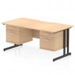 The picture shows a sleek and modern Dynamic Pedestal Desk. It features a scalloped edge and a maple top, supported by black cantilever legs. The desk also comes with 2 fixed pedestals, each with 2 drawers for organization. Perfect for a stylish and functional office space.