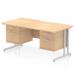 This image features a dynamic pedestal desk with a scalloped edge, maple top, and silver cantilever legs. The desk measures 1600 x 800mm and comes with 2 x 2 drawer fixed pedestals. It is perfect for any modern office workspace.