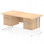 This photo showcases a 1600 x 800mm maple top office desk with a scalloped edge design. It features white cantilever legs and is paired with two 2-drawer fixed pedestals. Perfect for a professional and stylish workstation.