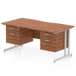 This photograph showcases a sleek and modern Dynamic Pedestal Desk Impulse. With a scalloped edge, walnut top and silver cantilever leg, this straight office desk is both functional and stylish. It also features 2 x 2 drawer fixed pedestals for added storage.